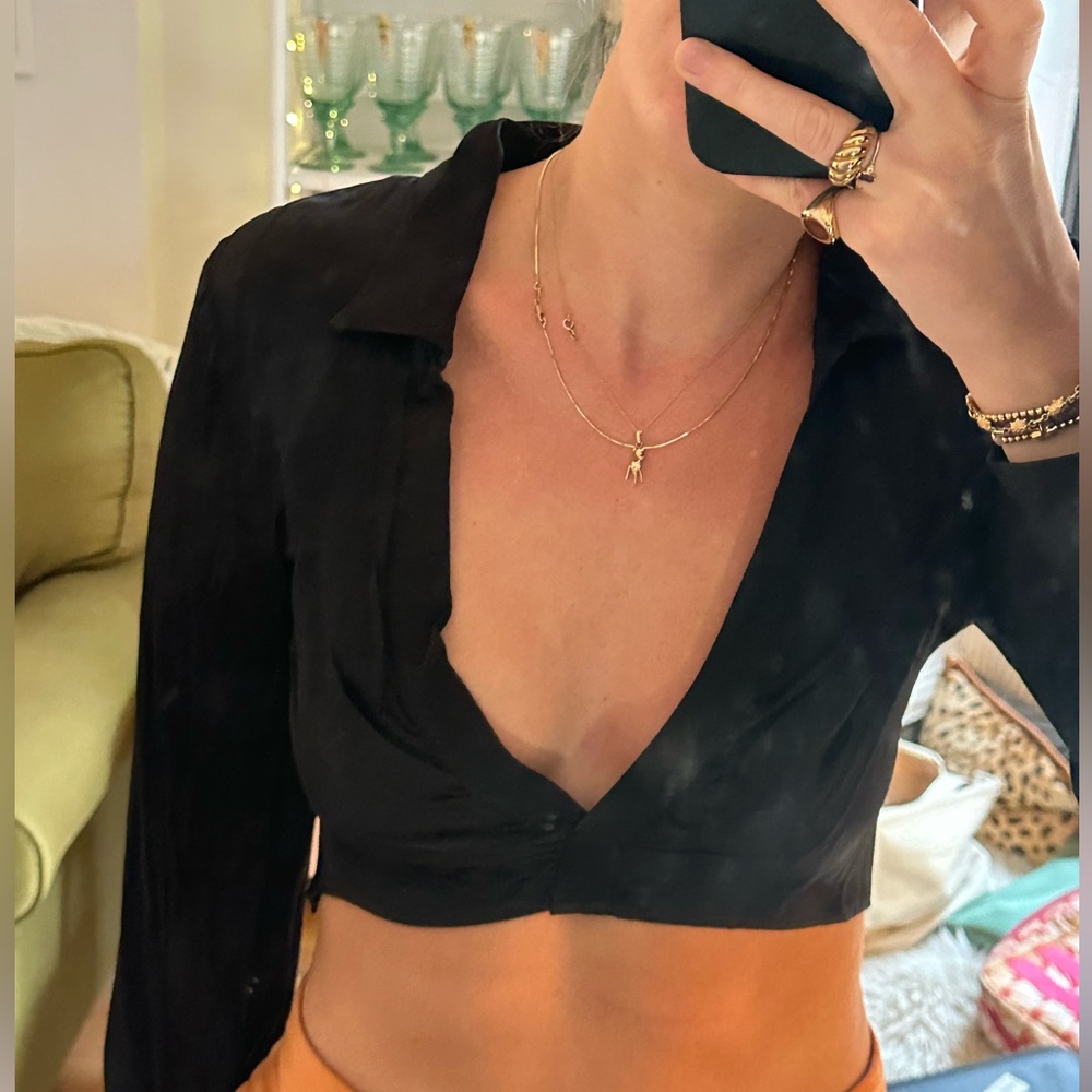 Zara cropped silky collared blouse black